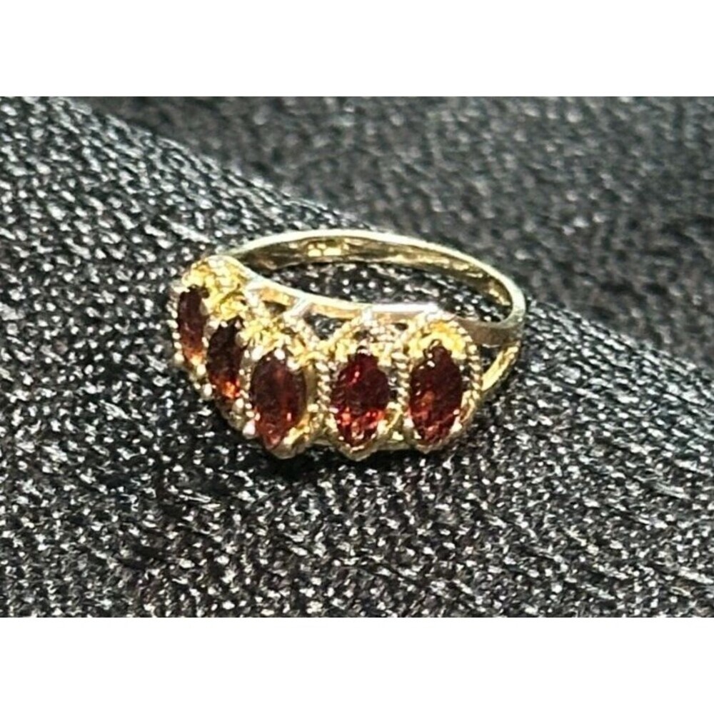Vintage Gold-Tone Ring with Three Marquise-Cut Garnet Stones | Size 7.5